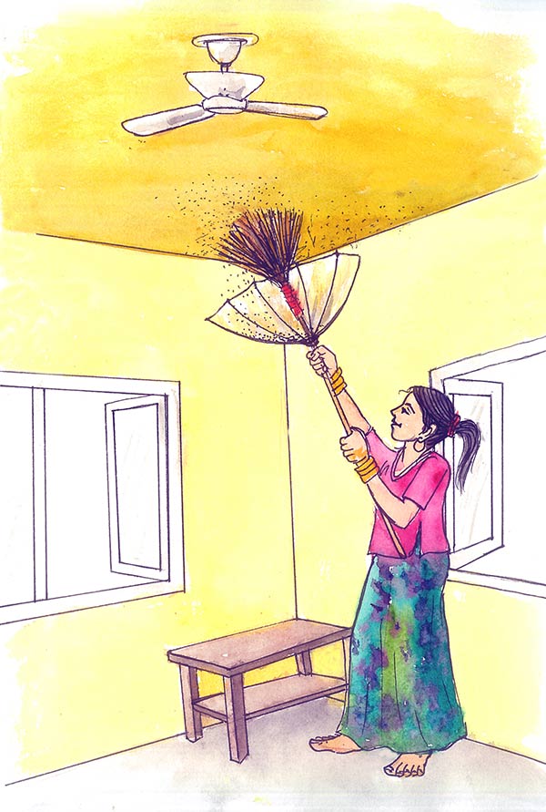 Modified broom with dust collector for cleaning ceiling - Photo